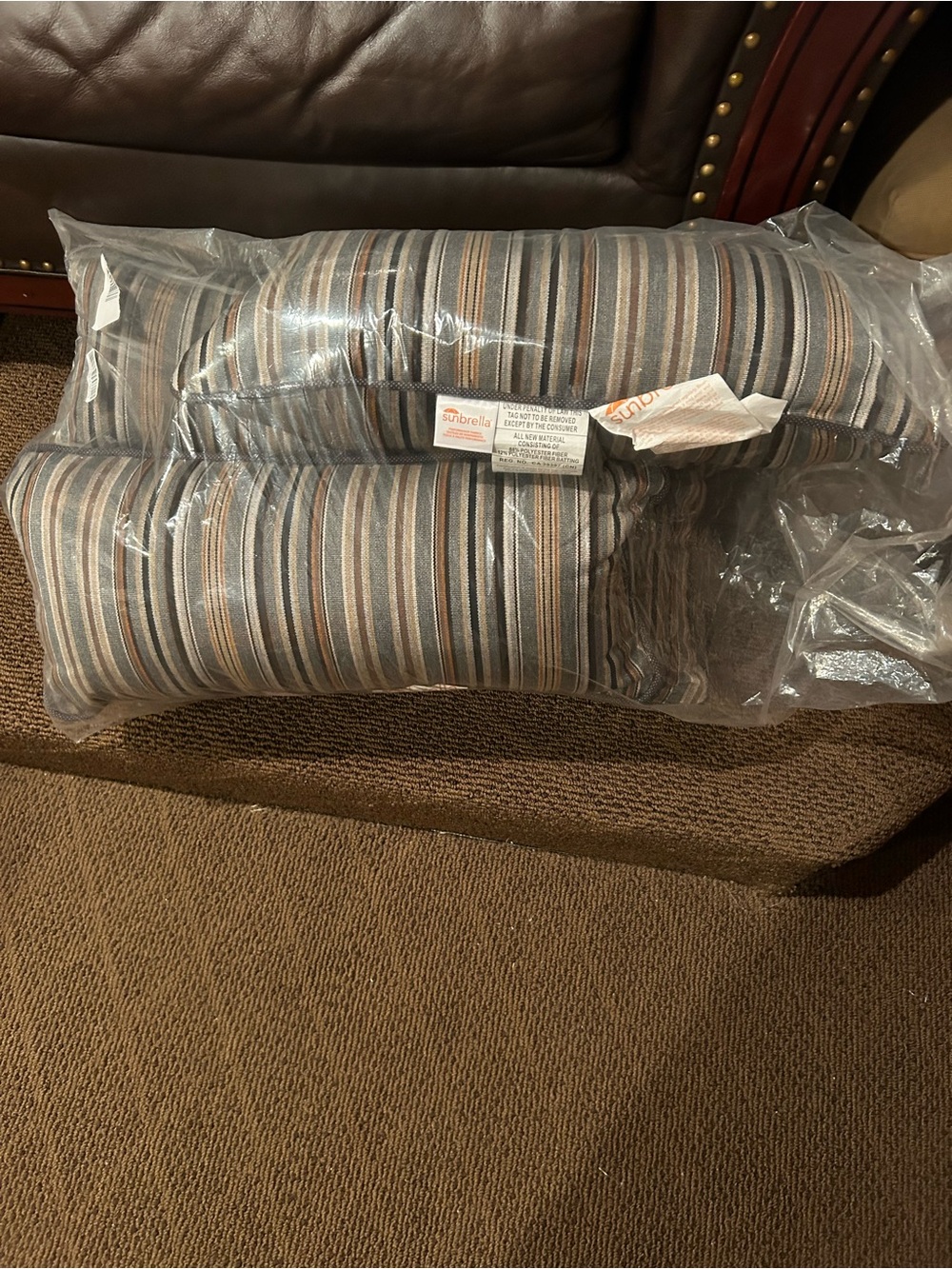 Sunbrella Blue and Tan Striped Lumbar Accent Pillow
